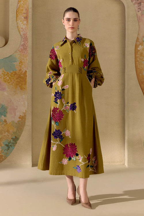 Olive Botanica Midi Dress