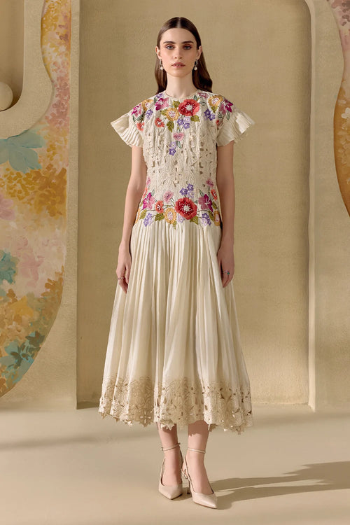 Ivory Fleur Pleated Dress