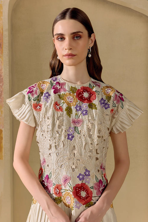 Ivory Fleur Pleated Dress