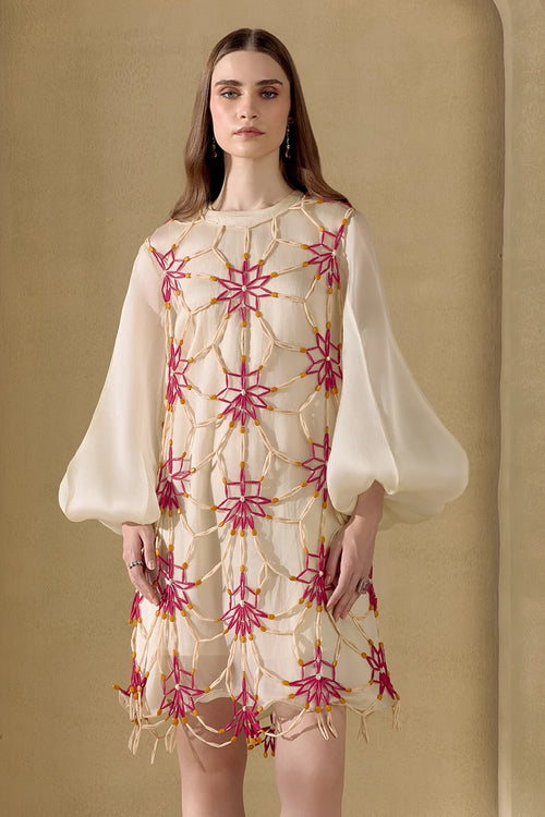 Ivory Mosaic Mesh Layered Dress