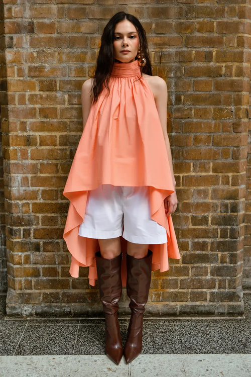 Peach Draped High-Low Cotton Top with White Shorts Set