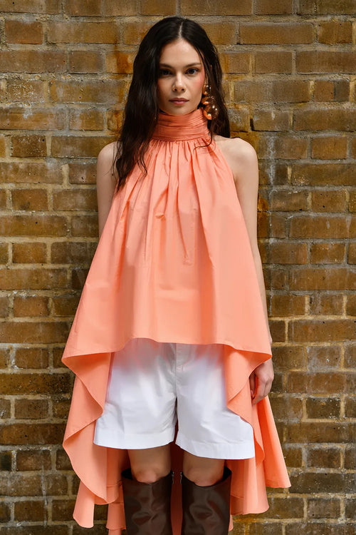 Peach Draped High-Low Cotton Top with White Shorts Set