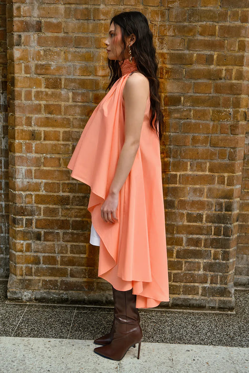 Peach Draped High-Low Cotton Top with White Shorts Set