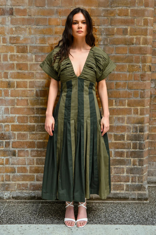 Olive and Moss Green Panel Midi Dress with Pleated Details