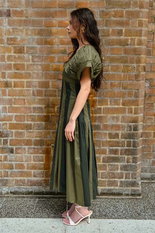 Olive and Moss Green Panel Midi Dress with Pleated Details