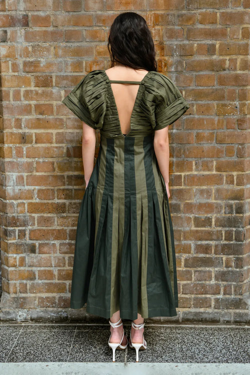 Olive and Moss Green Panel Midi Dress with Pleated Details