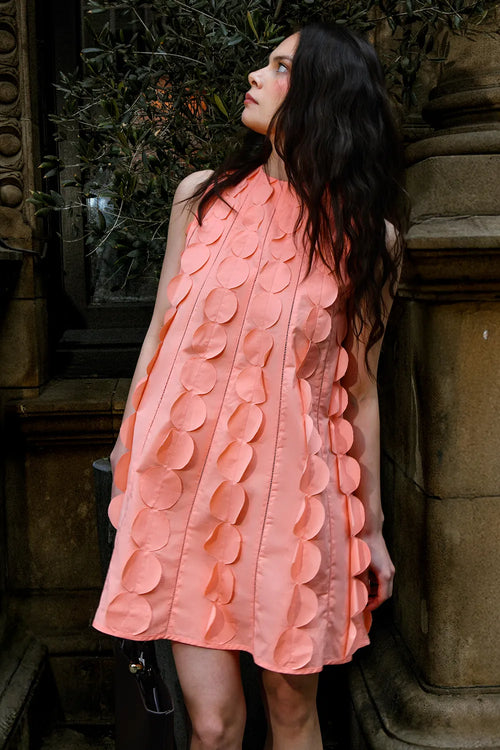 Peach 3D Appliqué A-Line Cotton Mini Dress