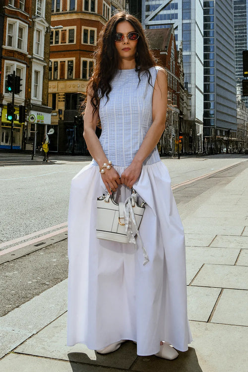 Blue and White Drop-Waist Cotton Dress