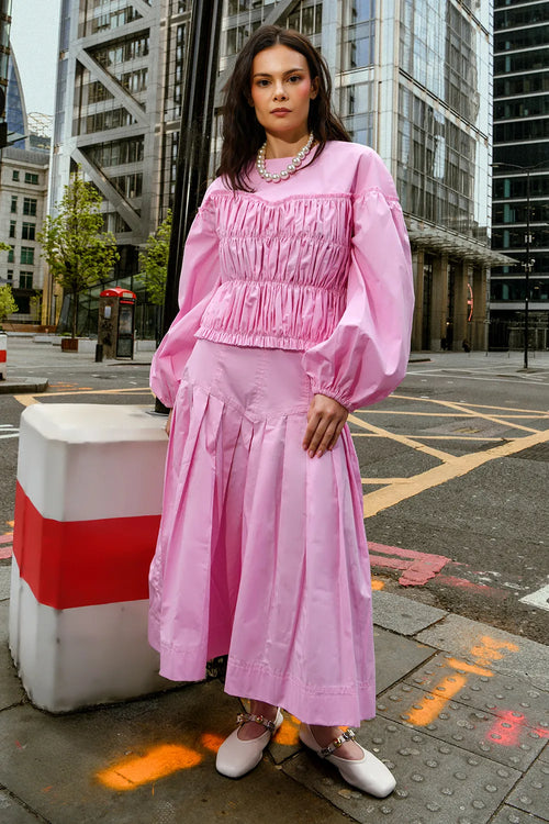 Pure Cotton Ruched Top and Pleated Skirt Set