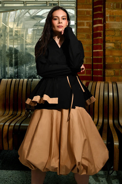 Black Belted Wrap Cotton Top with Beige Balloon Skirt