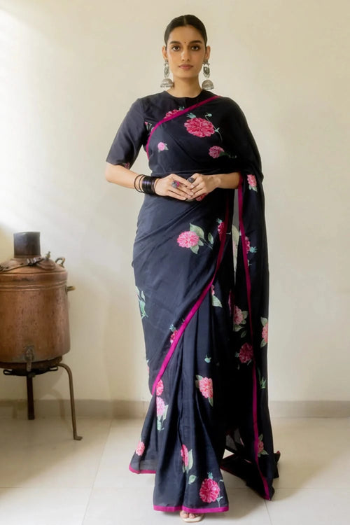 Midnight Silk Saree with Choker Neck Blouse
