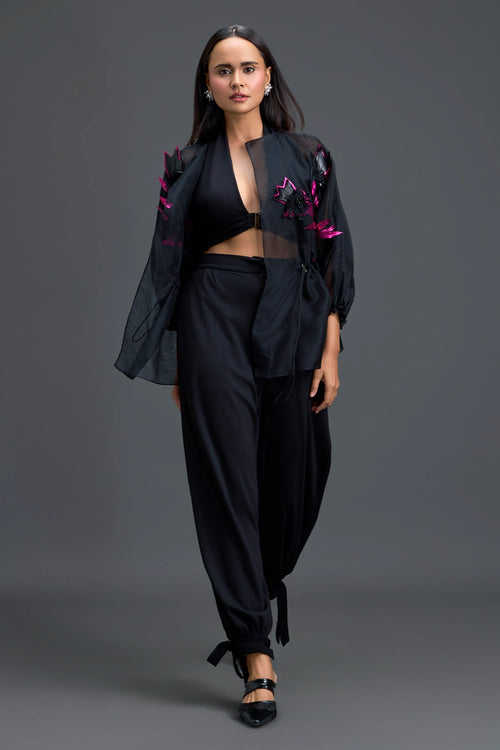 Black Sheer Pink Floral Blouse and Tapered Pants Set