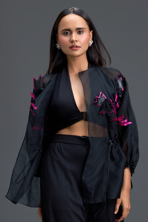 Sheer Black Blouse with Pink Florals