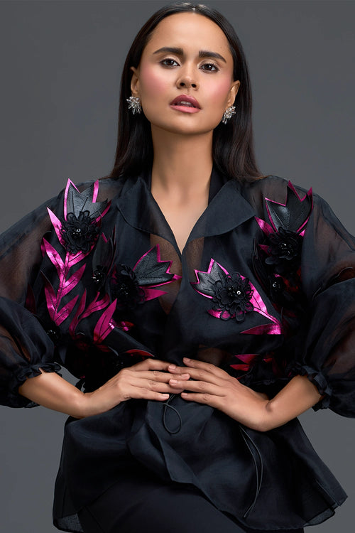 Black Sheer Pink Floral Blouse and Tapered Pants Set