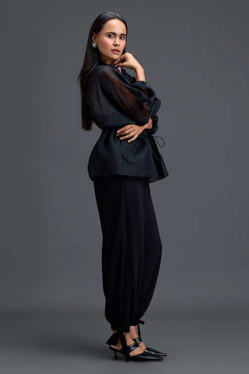 Black Sheer Pink Floral Blouse and Tapered Pants Set