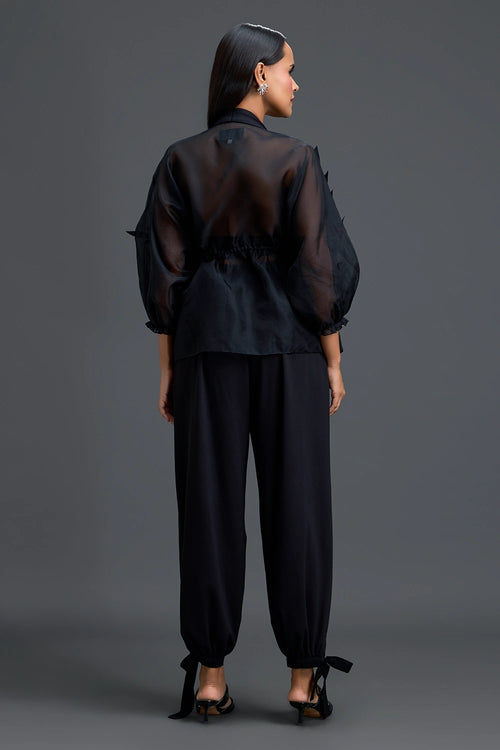 Black Sheer Pink Floral Blouse and Tapered Pants Set