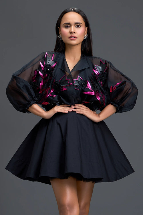 Black Sheer Pink Floral Blouse and Skirt Set