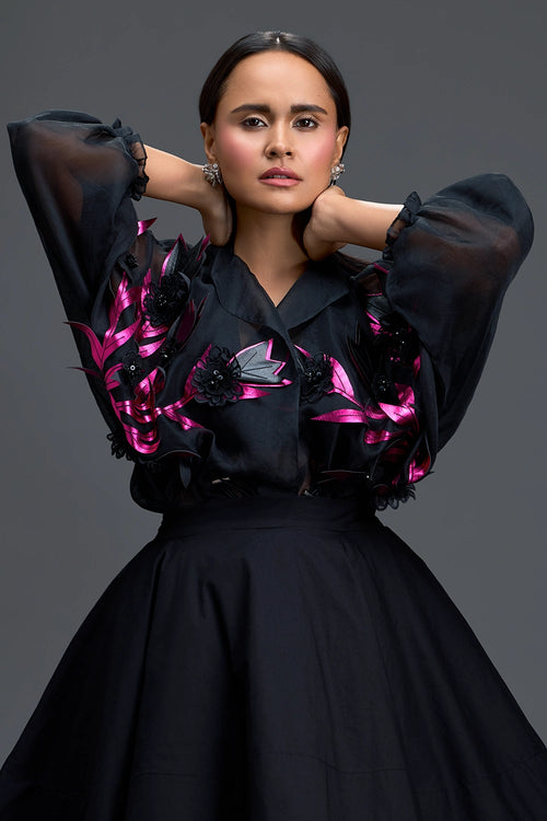 Black Sheer Pink Floral Blouse and Skirt Set