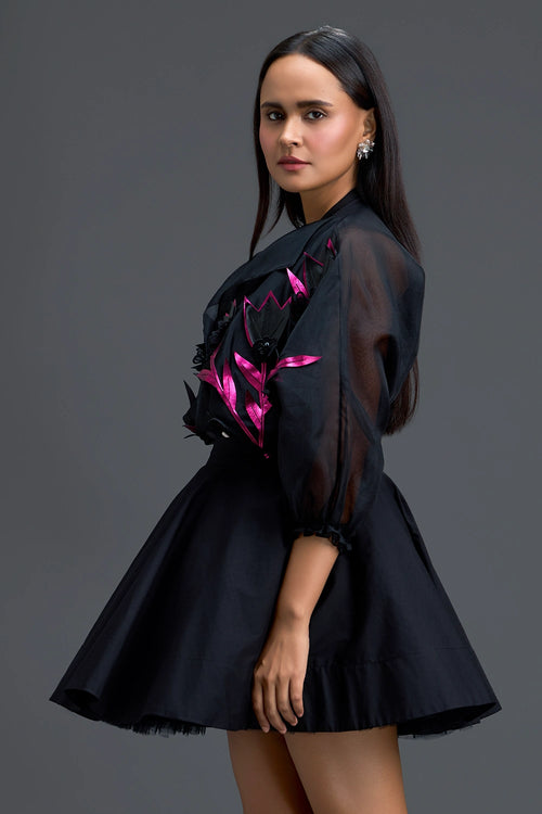 Black Sheer Pink Floral Blouse and Skirt Set