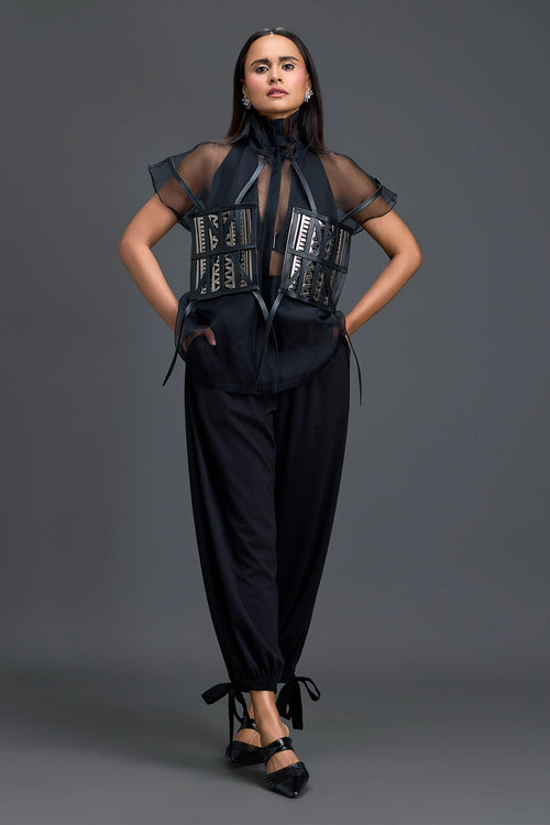 Black Sheer Structured Top And Tapered Pants Set