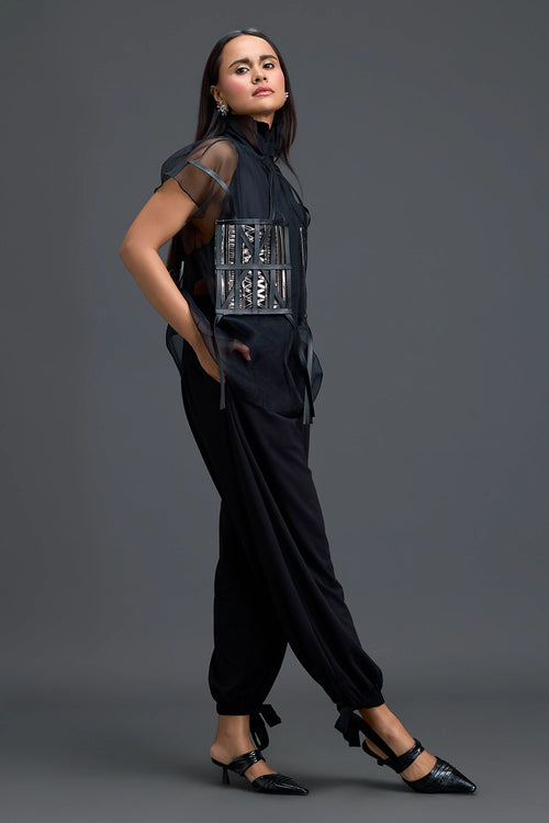 Black Sheer Structured Top And Tapered Pants Set