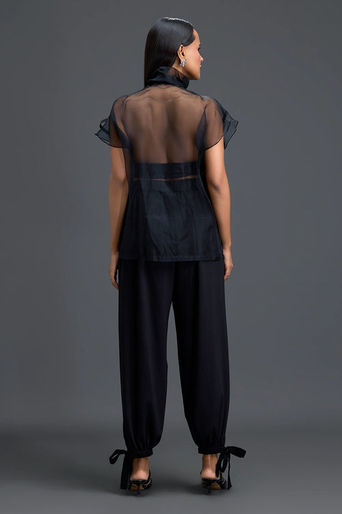 Black Sheer Structured Top And Tapered Pants Set