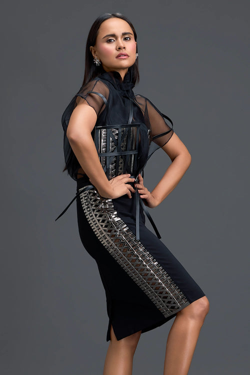 Black Sheer Structured Top and Pencil Skirt Set