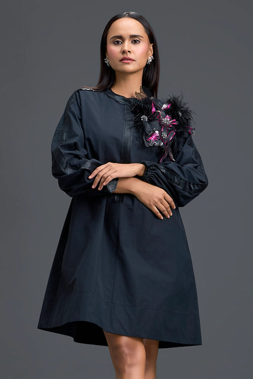 Black Feather Crystal Shoulder Detail Dress