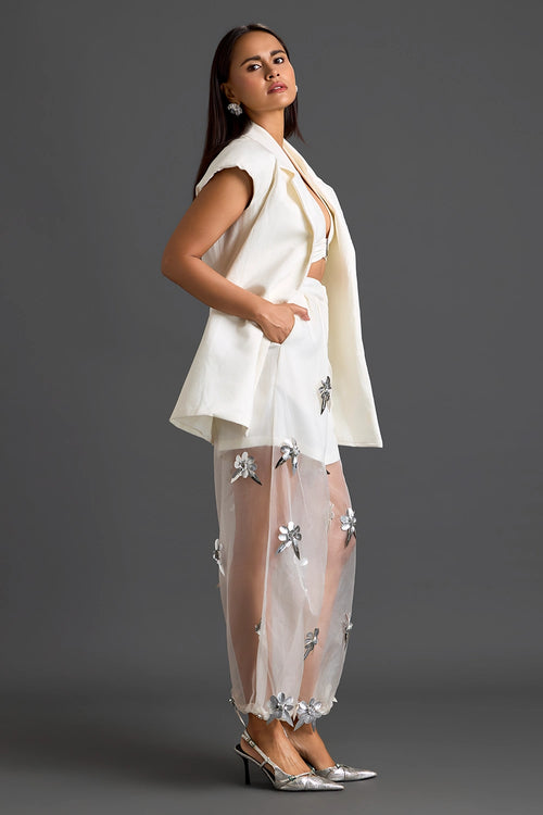 White Blazer Shorts and Floral Organza Pants Set