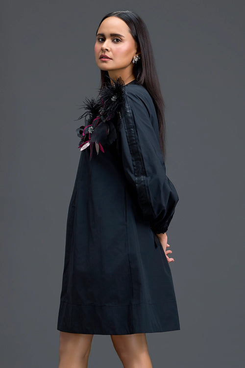 Black Feather Crystal Shoulder Detail Dress