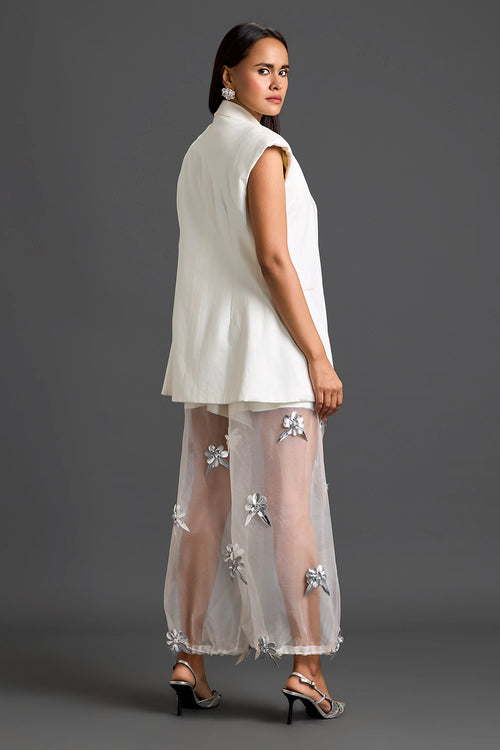 White Blazer Shorts and Floral Organza Pants Set