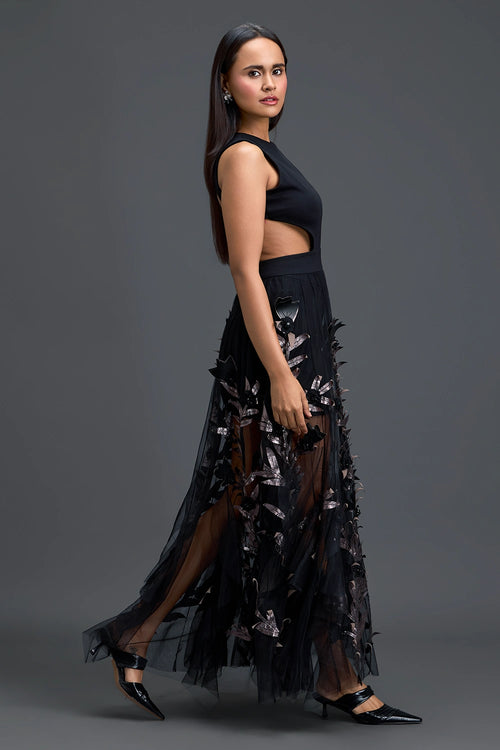 Black Cutout Top and Metallic Leaf Tulle Skirt Set