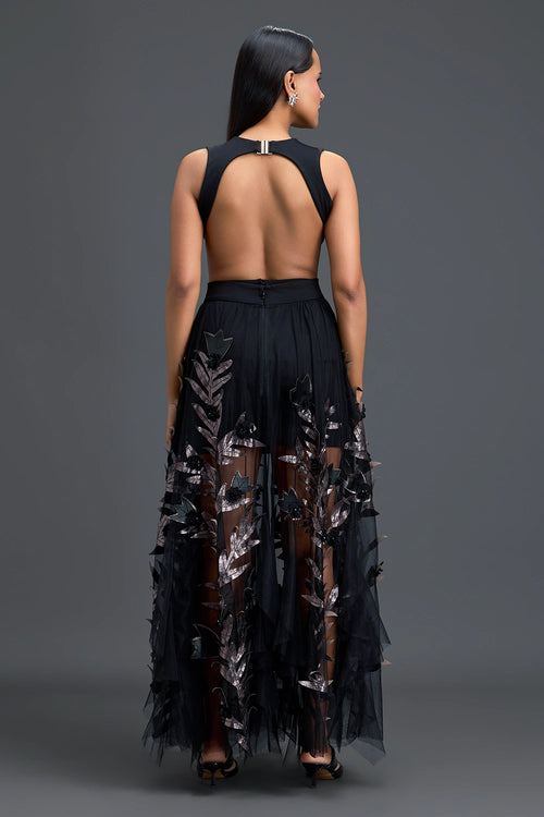 Black Cutout Top and Metallic Leaf Tulle Skirt Set