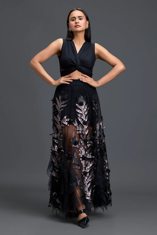 Black Twist Crop Top and Metallic Leaf Tulle Skirt