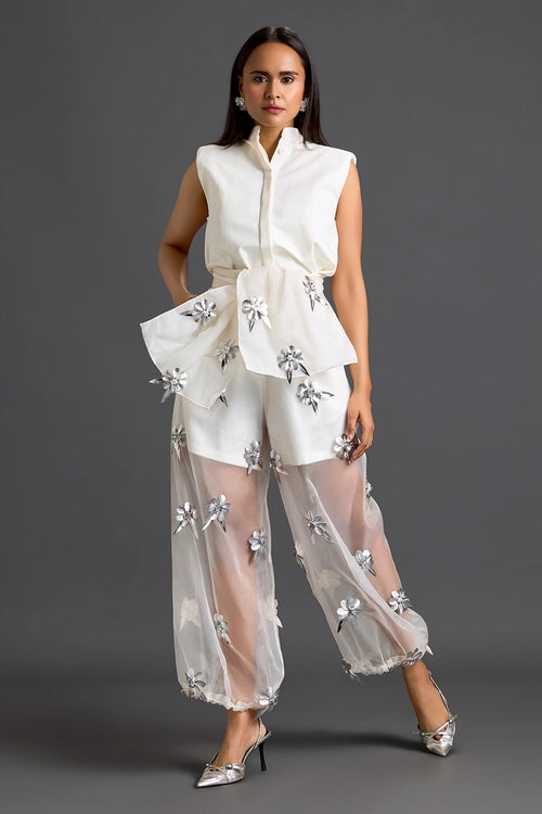 White Floral Organza Pants with Embellished Bow Belt