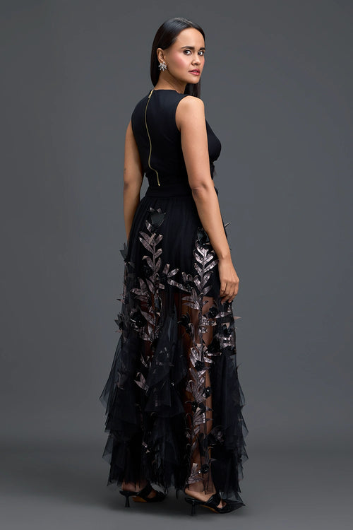 Black Twist Crop Top and Metallic Leaf Tulle Skirt