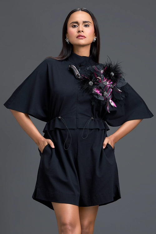 Black Feather Crystal Shoulder Playsuit