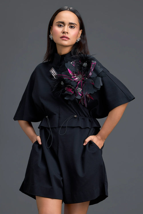 Black Feather Crystal Shoulder Playsuit