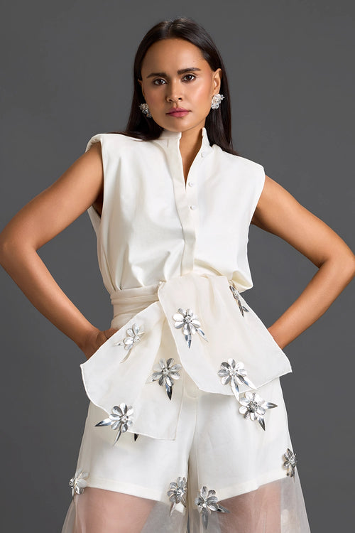 White Floral Organza Pants with Embellished Bow Belt