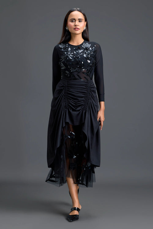 Black Leaf Mesh Top And Asymmetric Tulle Skirt Set