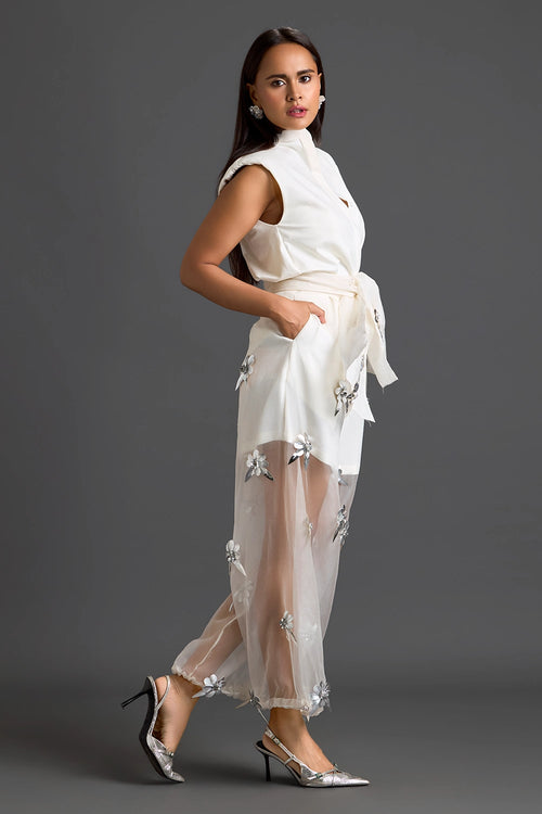 White Floral Organza Pants with Embellished Bow Belt
