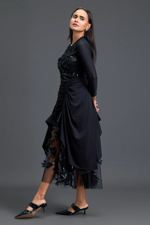 Black Leaf Mesh Top And Asymmetric Tulle Skirt Set