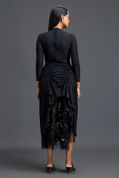 Black Leaf Mesh Top And Asymmetric Tulle Skirt Set