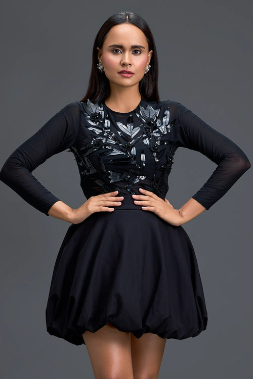 Black Leaf Detail Mesh Top
