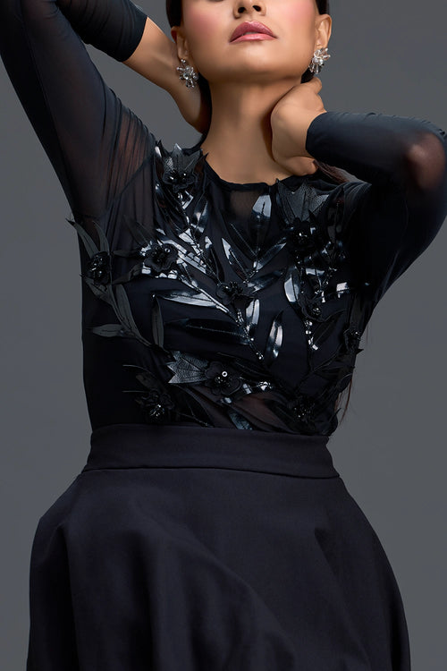 Black Leaf Detail Mesh Top