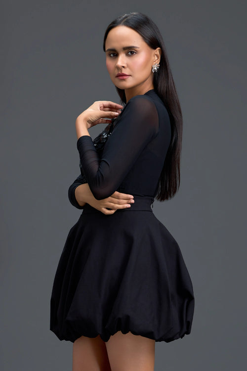 Black Leaf Detail Mesh Top