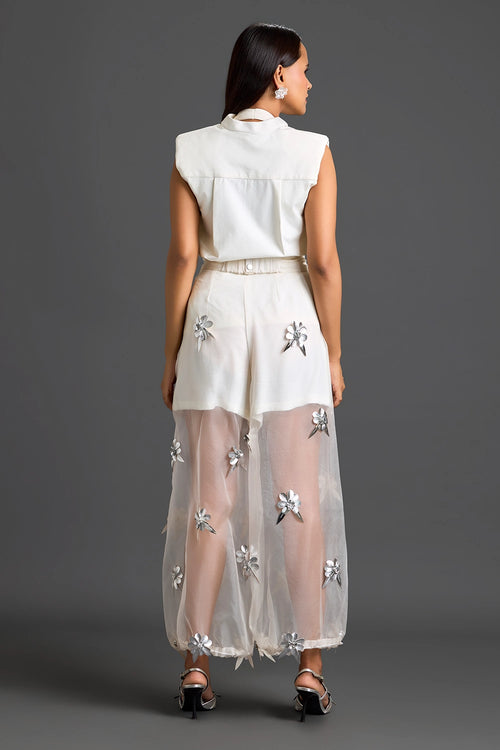 White Floral Organza Pants with Embellished Bow Belt