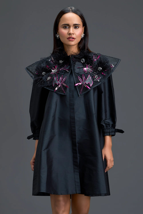 Black A-Line Dress with Feather Crystal Collar