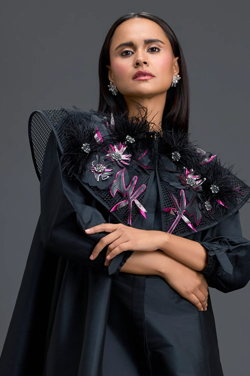 Black A-Line Dress with Feather Crystal Collar