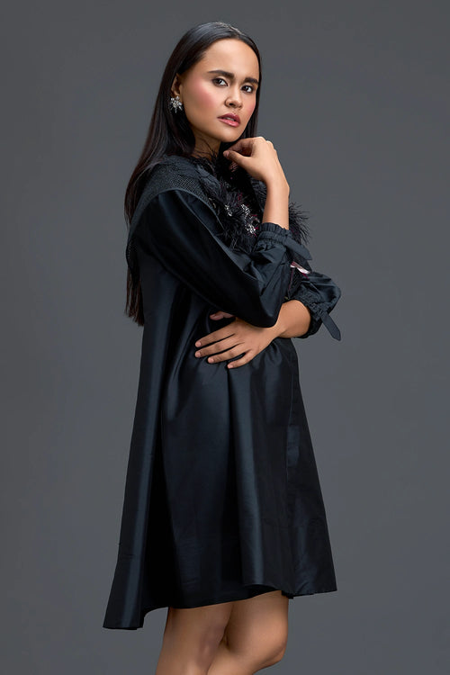 Black A-Line Dress with Feather Crystal Collar